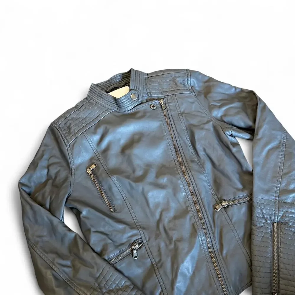 Y2K Ettitwa Anthropologie Charcoal Gray Leather Fitted Moto Jacket Luxe Size XS